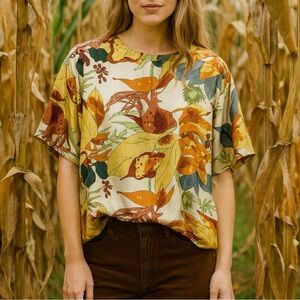 VINTAGE OSCAR DE LA RENTA Fall Harvest Leaf Allover Print 100% Silk Top